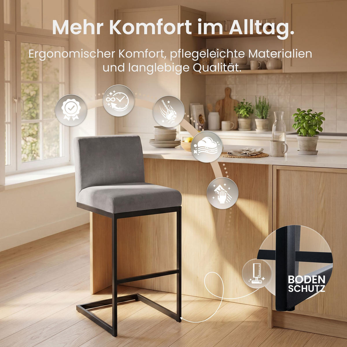BARHOCKER Samt Grau - Schwarz/Grau, Textil/Metall (43/104/53cm) - CLP