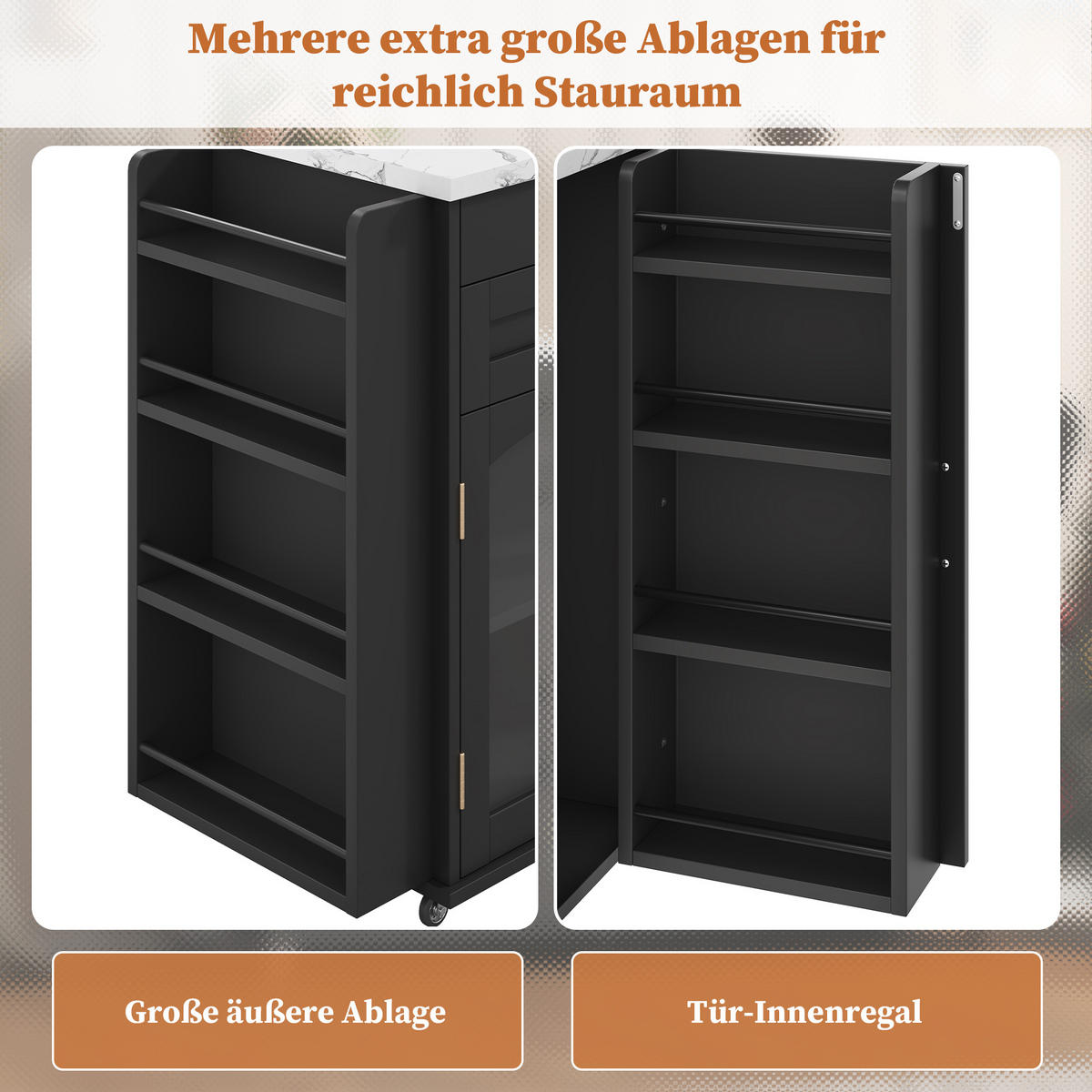 KÜCHENINSEL 120/70/90 cm Schwarz mit 2 Schubladen, Glastüren, Gewürzregal, 5 Rädern und klappbarer Arbeitsplatte - Schwarz, Holz/Holzwerkstoff (138/90/70cm) - Oxeza