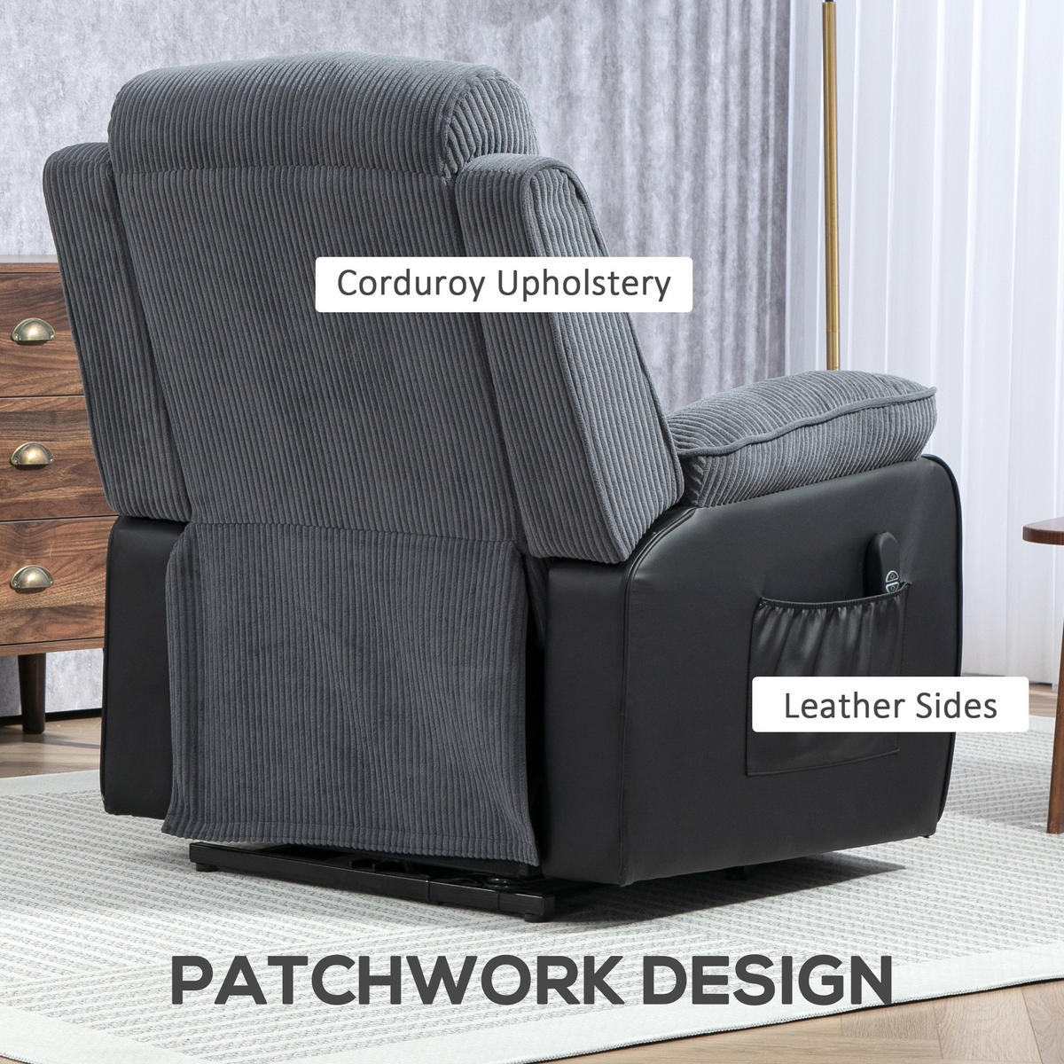 FERNSEHSESSEL mit Aufstehhilfe Liegesessel mit Liegefunktion, Seitentasche - Dunkelgrau/Schwarz, Textil/Metall (96/108/96cm) - HOMCOM