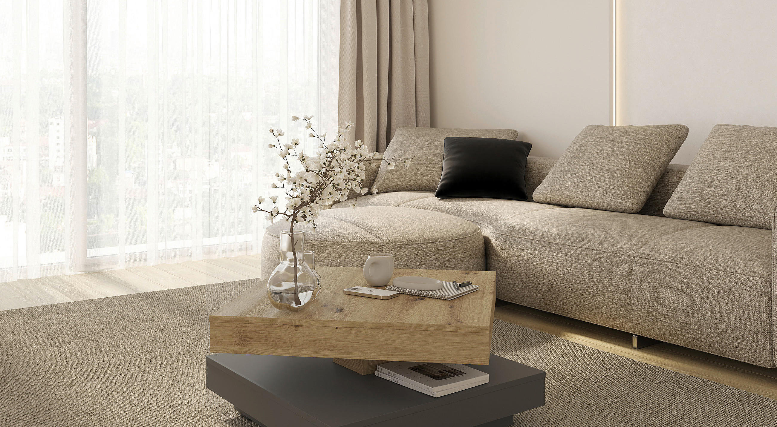 Couchtisch drehbar mit zwei Ebenen in Holzoptik und grauem Fuß vor beiger Couch.