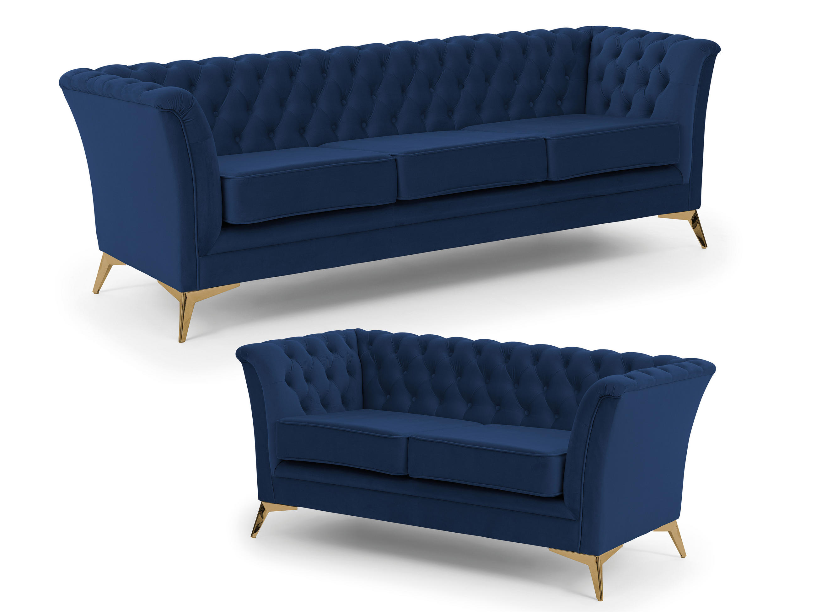 SITZGARNITUR 3+2 Chesterfield Whitby Marineblau Samt mit goldenen Füßen - Blau/Goldfarben, Holz/Textil (237/78/82cm) - S-Style Möbel