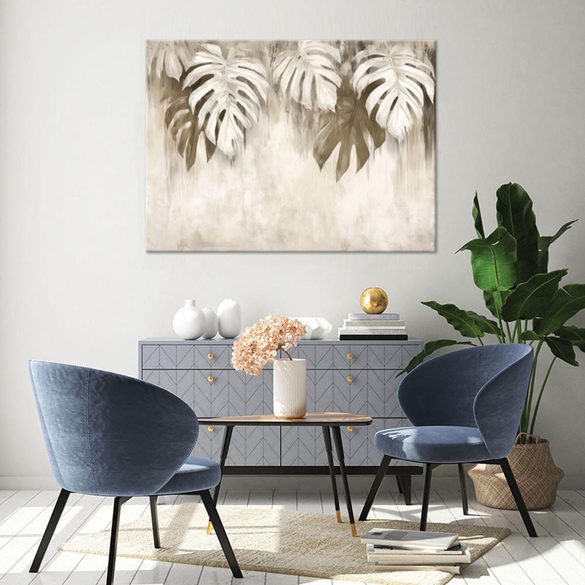 WANDBILD monstera blätter hängen beige - Beige, Textil (60/40cm) - Feeby