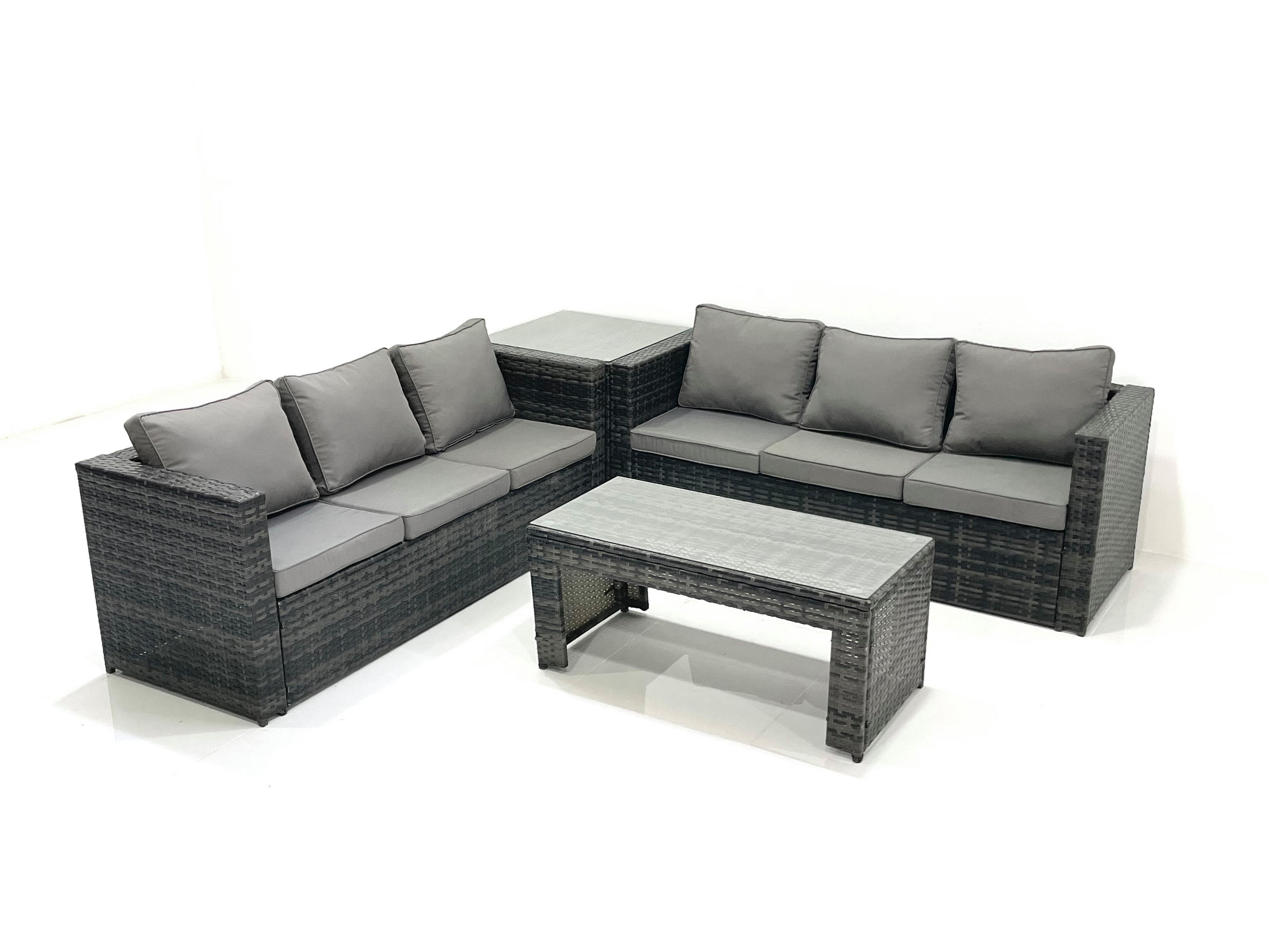 GARTENMÖBEL COUCHTISCH SET mit Sofa Polyrattan Outdoor 6-Sitzer - Dunkelgrau/Grau, Glas/Kunststoff - Fimous
