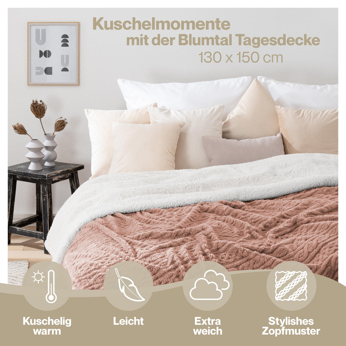 KUSCHELDECKE 130x150 cm mit Zopfstrick-Optik, Pink - Pink, Textil (130/150cm) - Blumtal