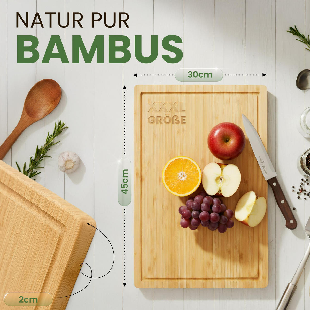 SCHNEIDEBRETT eckig 45/30/2 cm Holz Natura - Eukalyptusholzfarben, Holz (45/30cm) - CLP