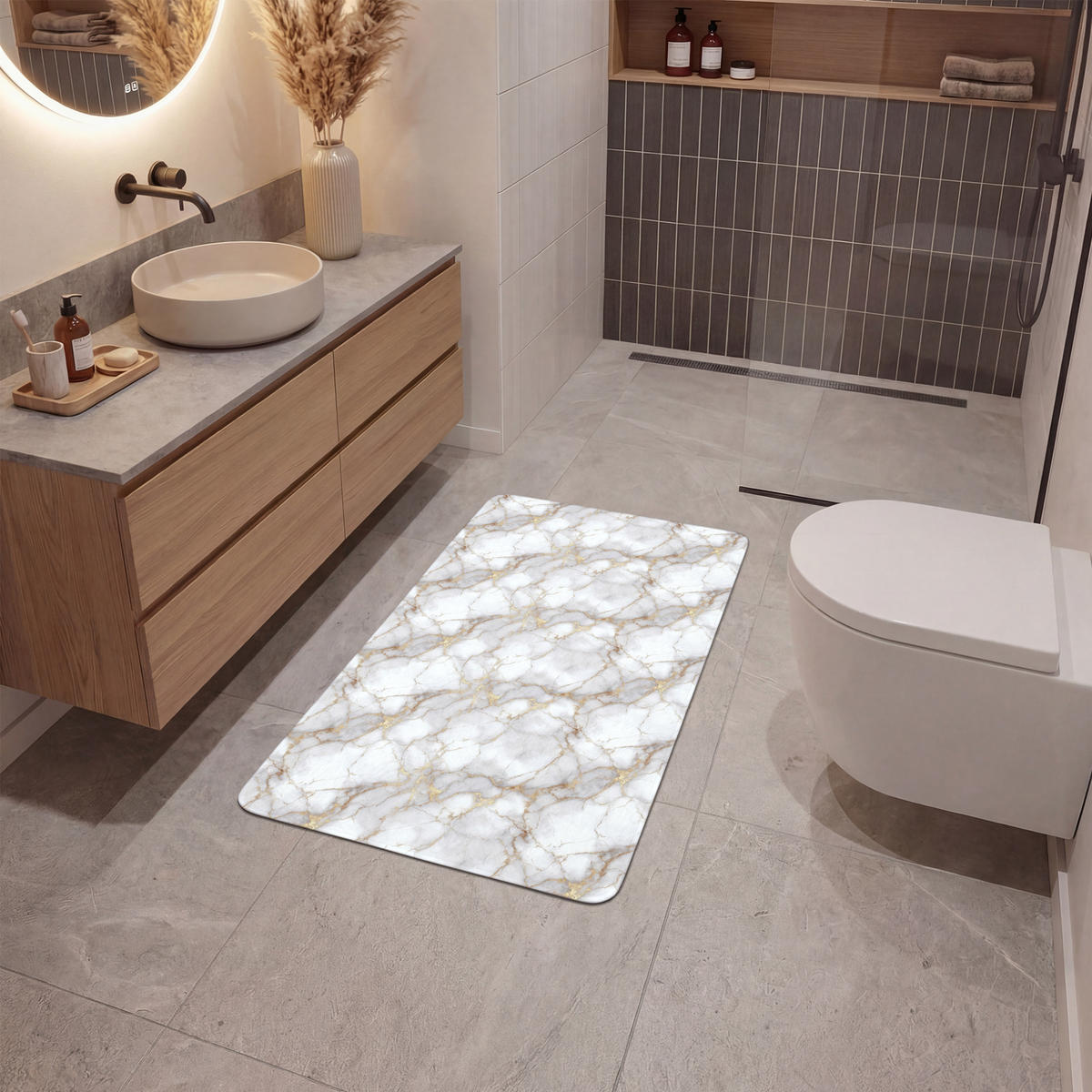 KÚPEĽŇOVÁ PREDLOŽKA Biela - zlatá - mramorová - sivá 60x90 cm - biela, textil/plast (60/90cm) - OnlyWow