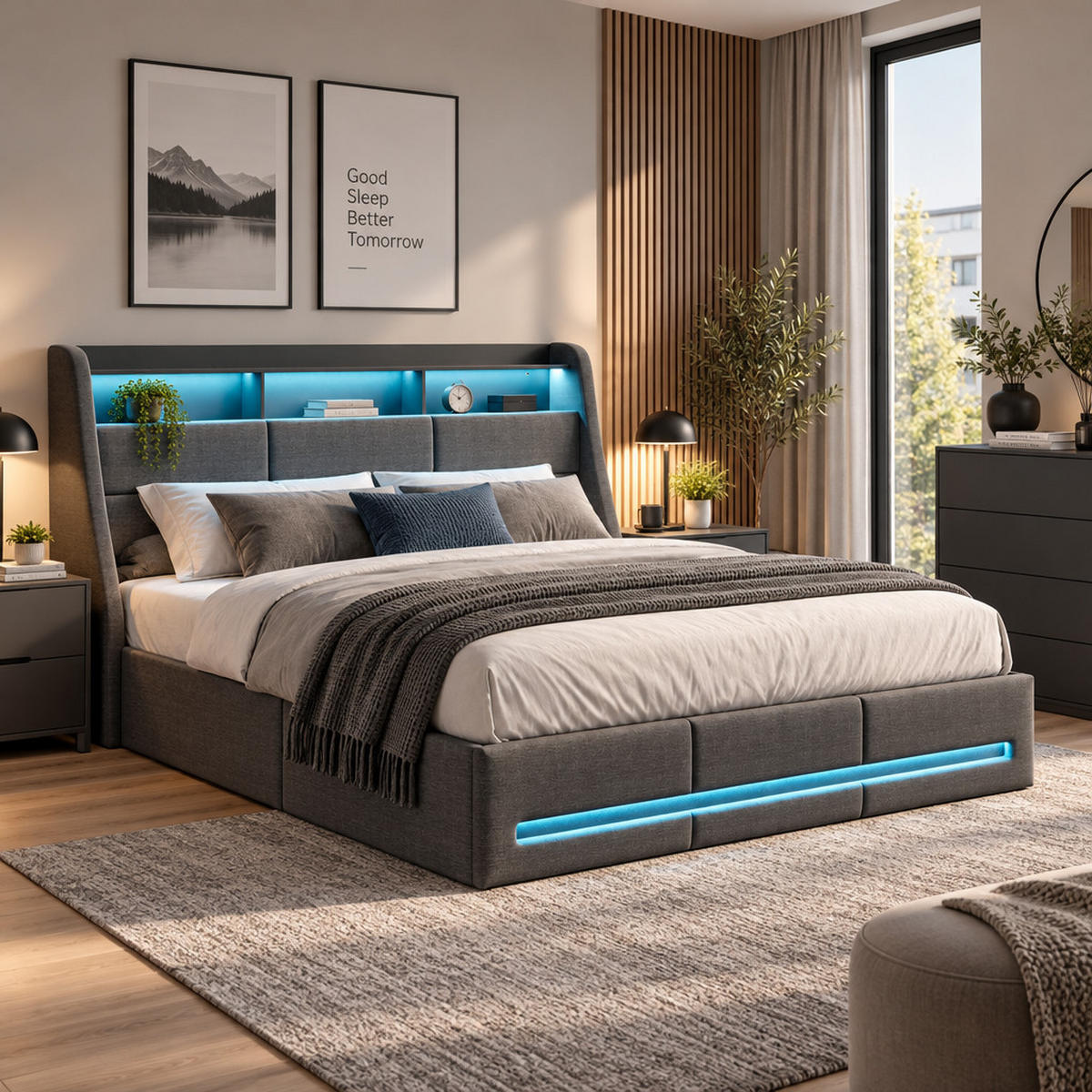 POLSTERBETT 160x200 cm,Bett mit LED-Beleuchtung und Stauraum Kopfteil - Grau, Holz/Textil (160/200cm) - PARAFTA HOME
