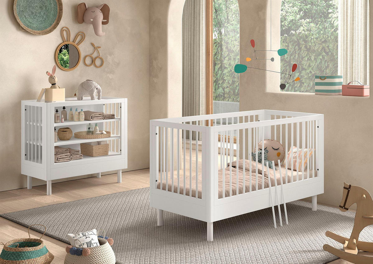 BABYBETT SET 70x140 Keeley Buche Weiß Holz Regal Komfort Stabil - Weiß, Holz (74/88/144cm) - 58aufmkessel