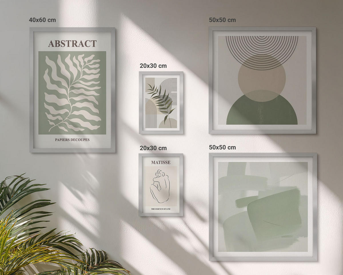 BILDER SET 5er Set - 50x50 cm & 20x30 cm & 40x60 cm Silberner Rahmen - Botanische Boho-Abstraktionen - Silberfarben, Kunststoff (40/60cm) - TULUP
