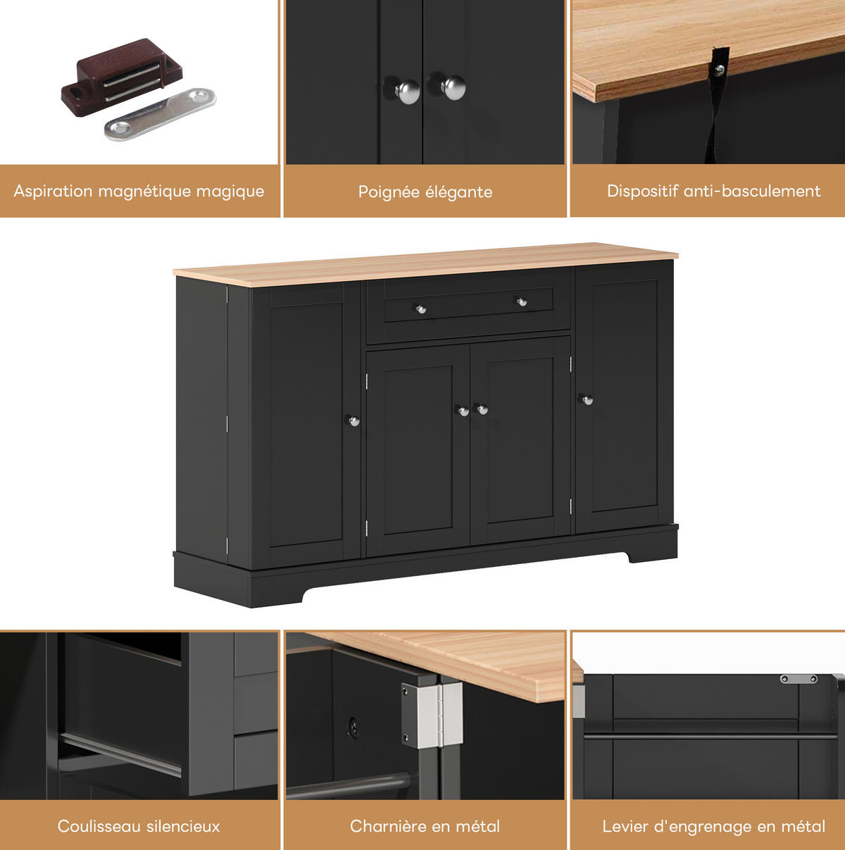 MODERNER Hochschrank aus MDF in Schwarz mit Schublade, Doppeltür und höhenverstellbaren Einlegeböden, Euro-Design, 138/40/85 cm, Schwarz - Schwarz, Holzwerkstoff (138/85/40cm) - Redom