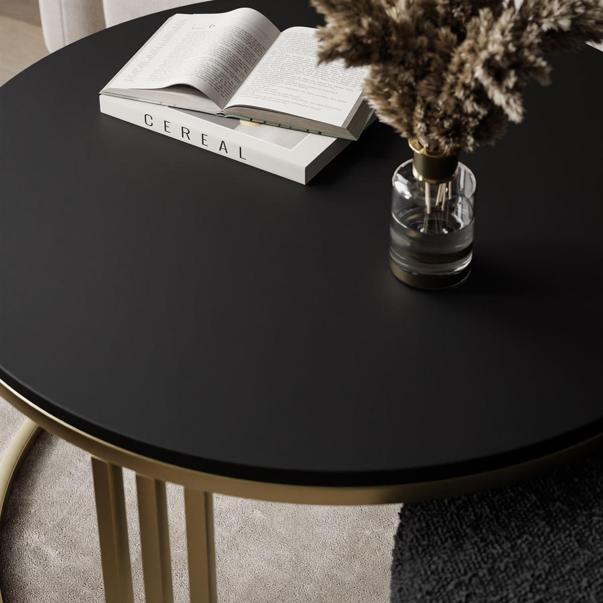 COUCHTISCH mit Hocker LORI MAT gebürstetes Gold/schwarz matt/Coral 60 - Schwarz, Metall (70/70/49cm) - Lookway