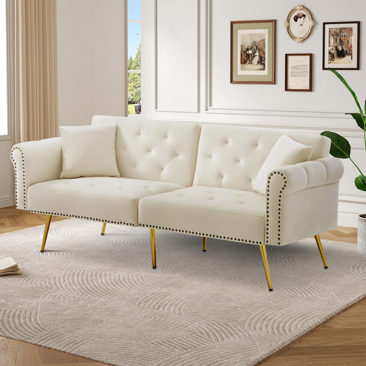 SCHLAFSOFA 2-Sitzer mit verstellbarer Rückenlehne Samt Beige 147/85/41 cm - Beige, Kunststoff (173/70/75cm) - OKWISH