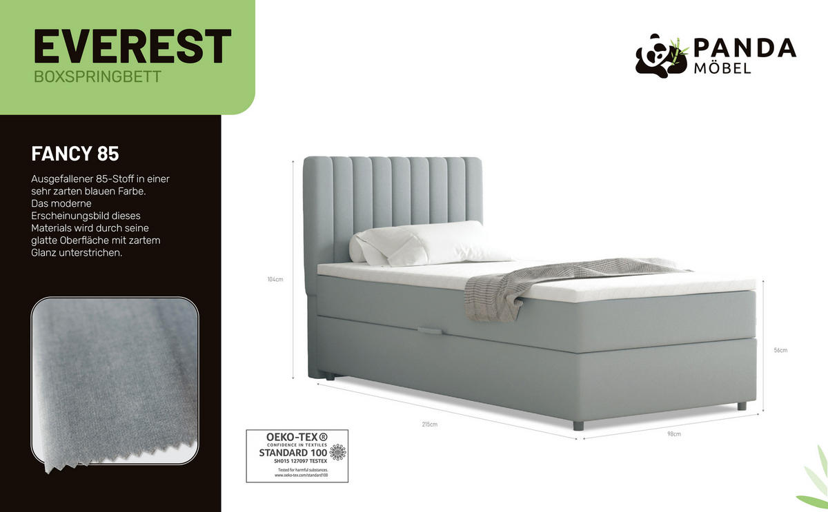 BOXBETT Everest 90 x 200 cm Einzelbett mit hochwertiger Bonell-Matratze und Topper - Hellgrau, Holz (90/200cm) - Panda Möbel