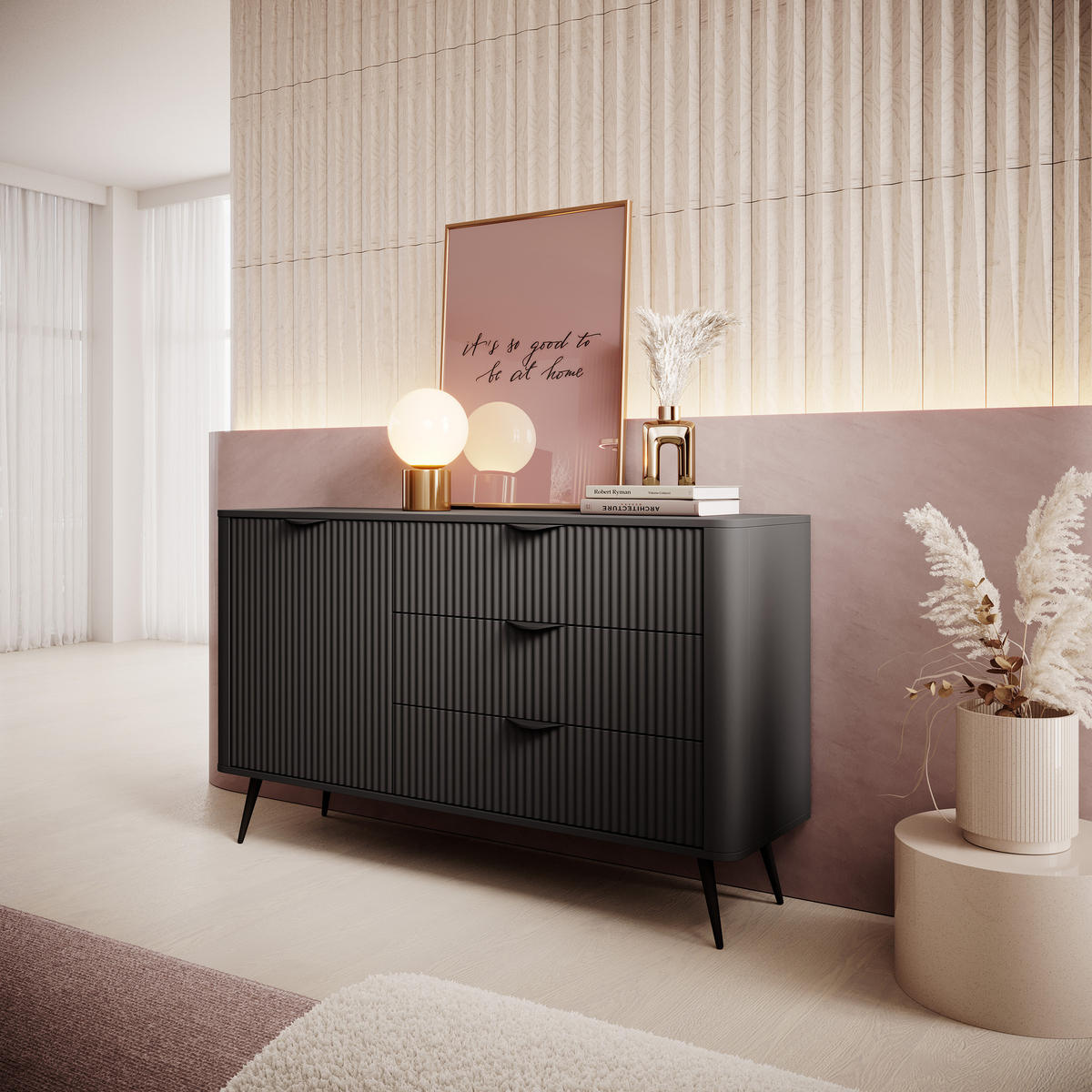 SIDEBOARD LANTANA 138/81/38 cm mit 3 Schubladen und 1 Türen Schwarz - Schwarz, Holzwerkstoff (138/81/38cm) - MASSENO