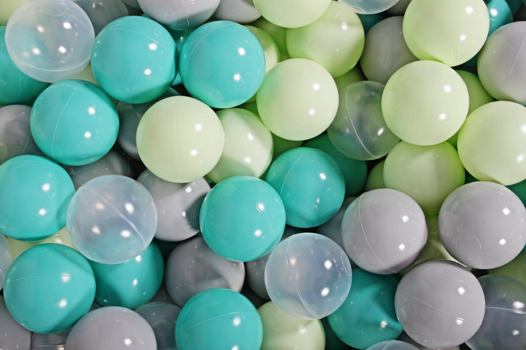 BÄLLE für Bällebad, Spielbälle, Plastikbälle für Kinder Set 50 pcs.: Grau/Hellgrün/Transparent/Türkis - Grau, Textil (7/7/7cm) - MeowBaby