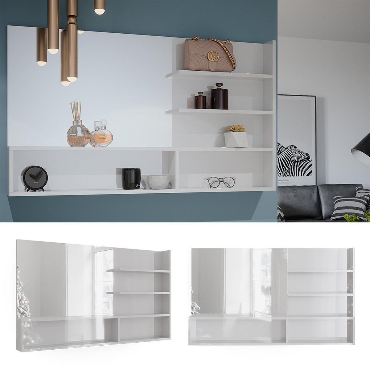 SPIEGELREGAL Weiß Hochglanz 119.8 x 70 cm mit offenen Fächern - Weiß Hochglanz, Holzwerkstoff (119.8/70/11cm) - Vicco