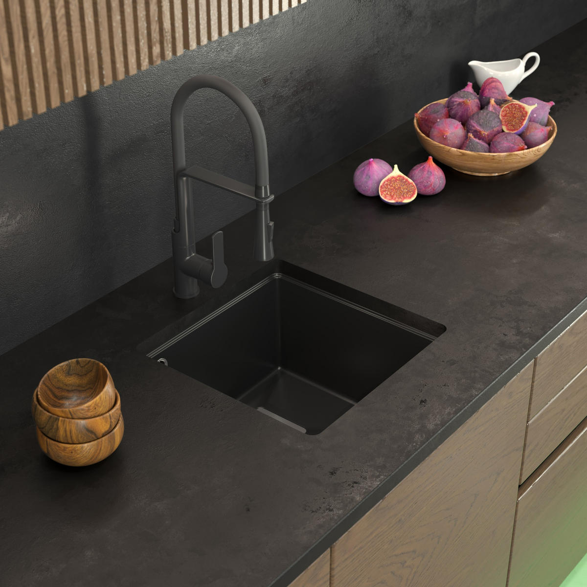 SPÜLBECKEN Napo Schwarz 3-tlg. Set 42 cm Unterbau Granit mit Armatur Vegas Chrom und Syphon Chrom - Schwarz, Stein (42/42/20cm) - Granitan