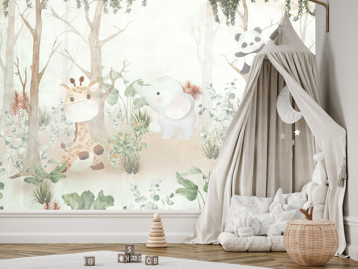 FOTOTAPETE für Kinder Tiere Wald Pflanzen 300x210 - Beige/Orange, Papier (300/210cm) - Muralo