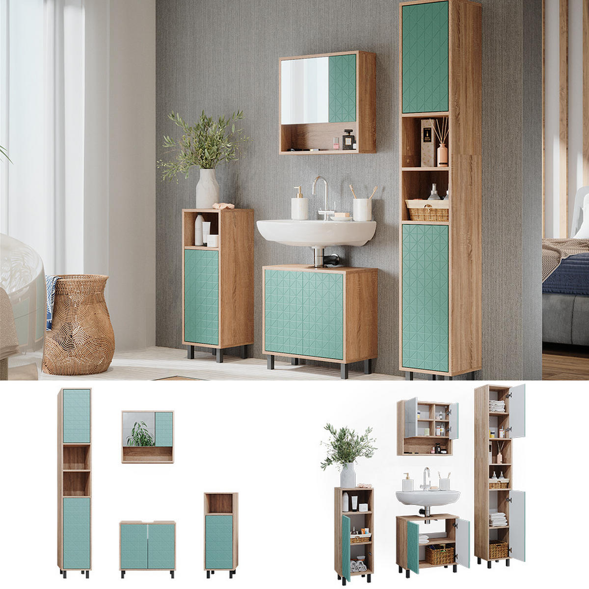 BADMÖBEL-SET Agasta Mintgrün 4 Teile, mit Hochschrank und Kommode - Mintgrün/Sonoma Eiche, Holzwerkstoff (56/57/28cm) - Vicco