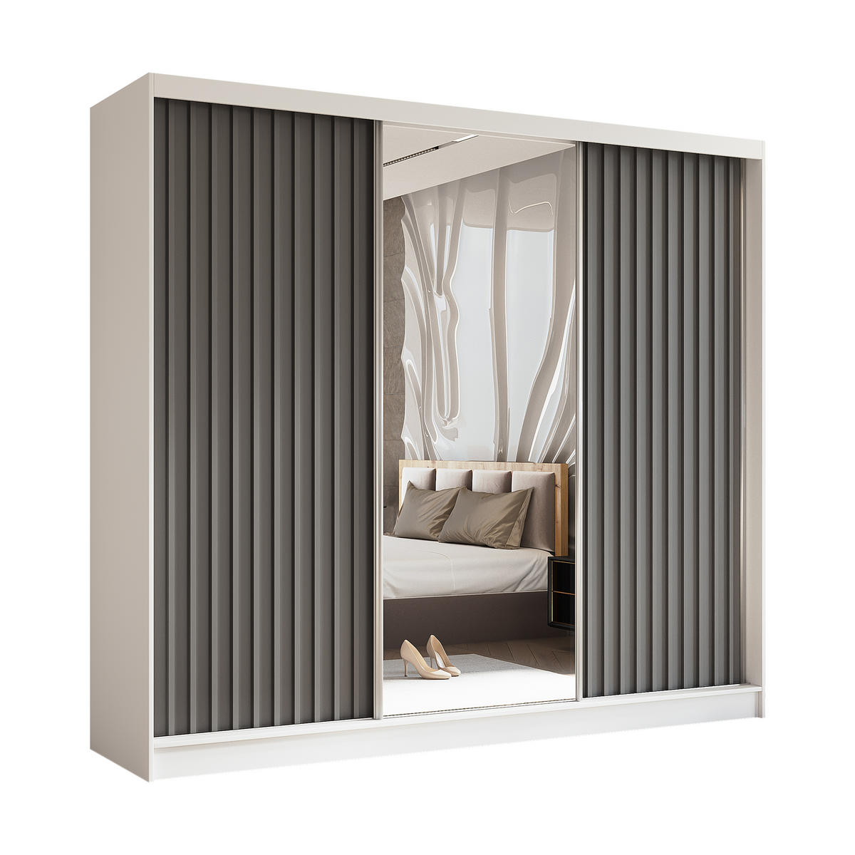 SCHWEBETÜRENSCHRANK LAMELLO 240/216/61 cm 3-türig mit Spiegel Weiß - Weiß/Grau, Holzwerkstoff (240/216/61cm) - MASSENO