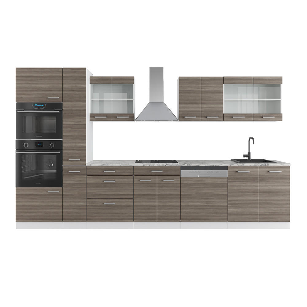 KÜCHENZEILE R-Line Edelgrau/Weiß 350 cm mit Hochschrank, AP Marmor - Braun/Weiß, Holzwerkstoff (350/81.6/60cm) - Vicco