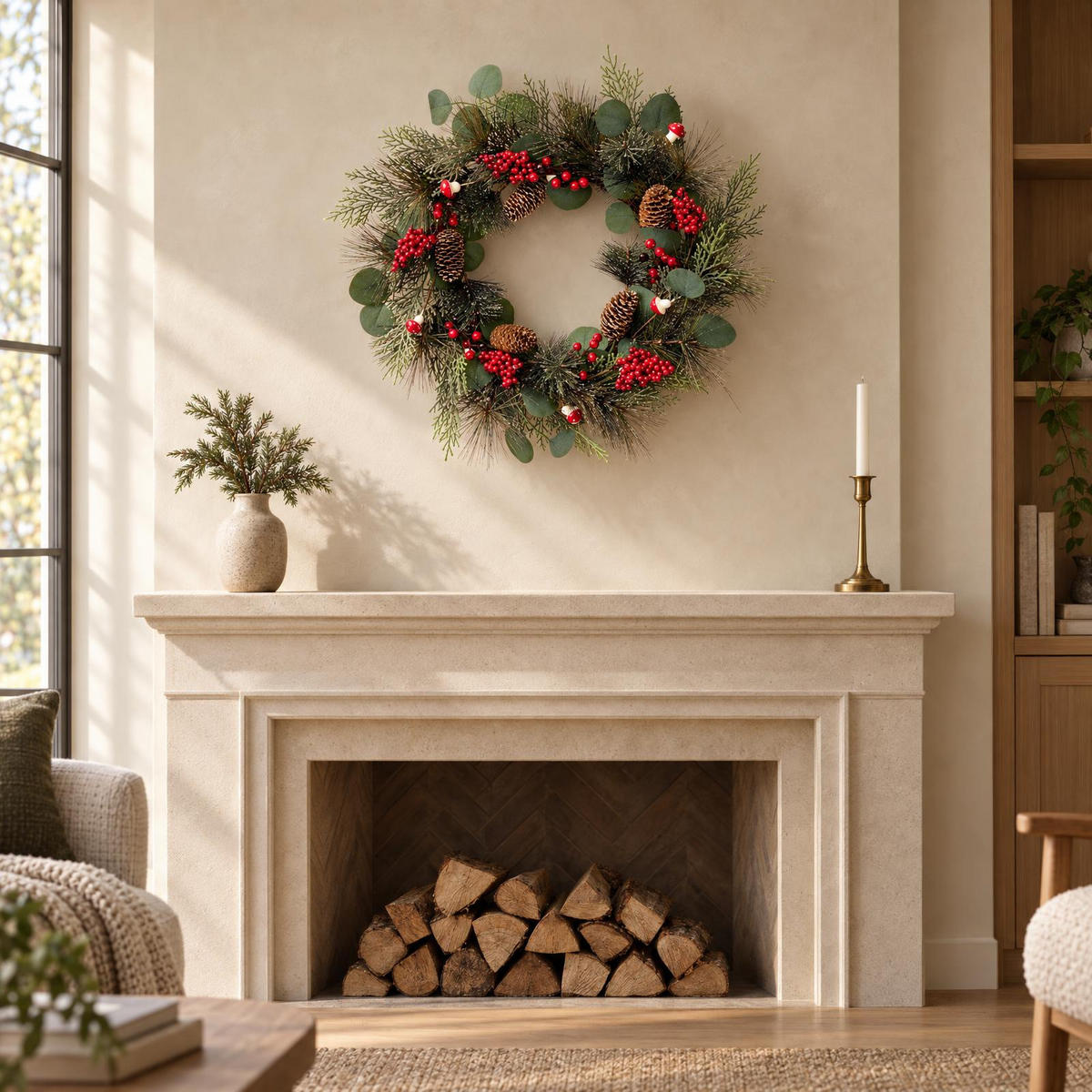 WEIHNACHTSKRANZ mit Eukalyptus und Pilzen 55/55/10 cm - Grün, Metall (55/10/55cm) - Home Styling Collection