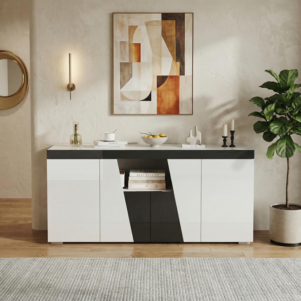 SIDEBOARD in Weiß & Schwarz mit App-LED-Lichtleiste - Weiß, Holzwerkstoff (140/65/40cm) - Urban Meuble