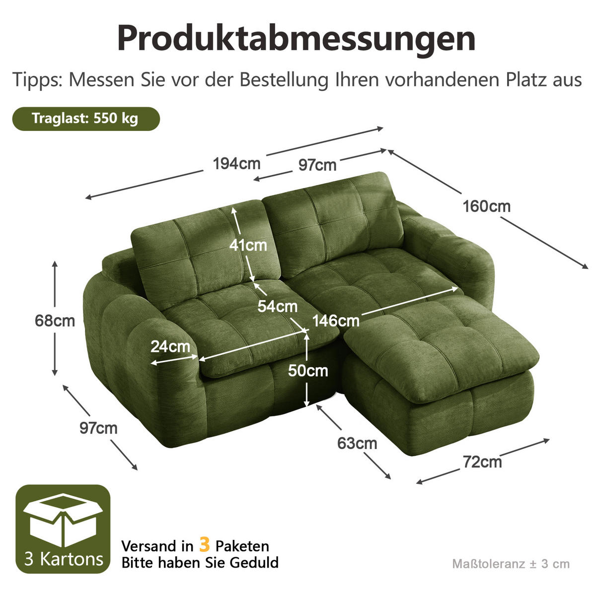 SOFA 194/160/68 cm in Grün aus Chenille, rahmenlos und montagefrei - Grün, Textil (160/68/194cm) - Flora Grace
