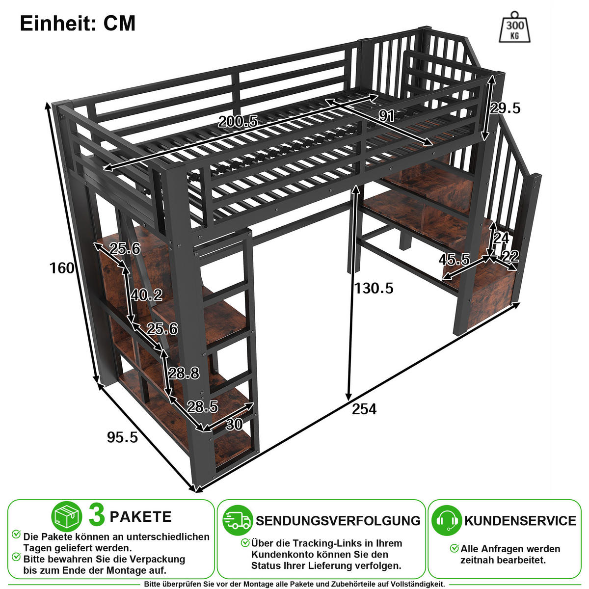 HOCHBETT 90/200 cm in Schwarz mit LED, Regal und Stauraumstufen - Schwarz, Holzwerkstoff/Metall (90/200cm) - CHICFURN