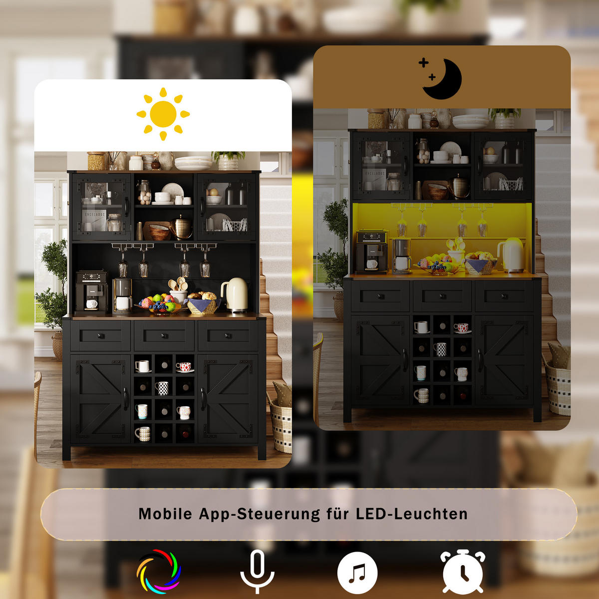 BUFFET 120/40/170 cm aus MDF und Glas mit LED-Beleuchtung und Steckdosenleiste Schwarz - Schwarz, Holzwerkstoff (120/170/40cm) - Modenvie
