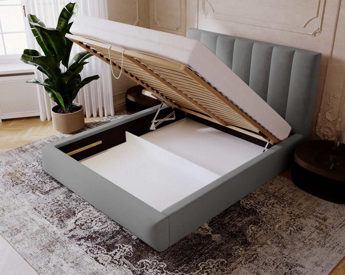 POLSTERBETT 160x200 cm Velor, Lattenrost, Bettkasten, Grau - Hellgrau, Holz/Textil (160/200cm) - Emporius