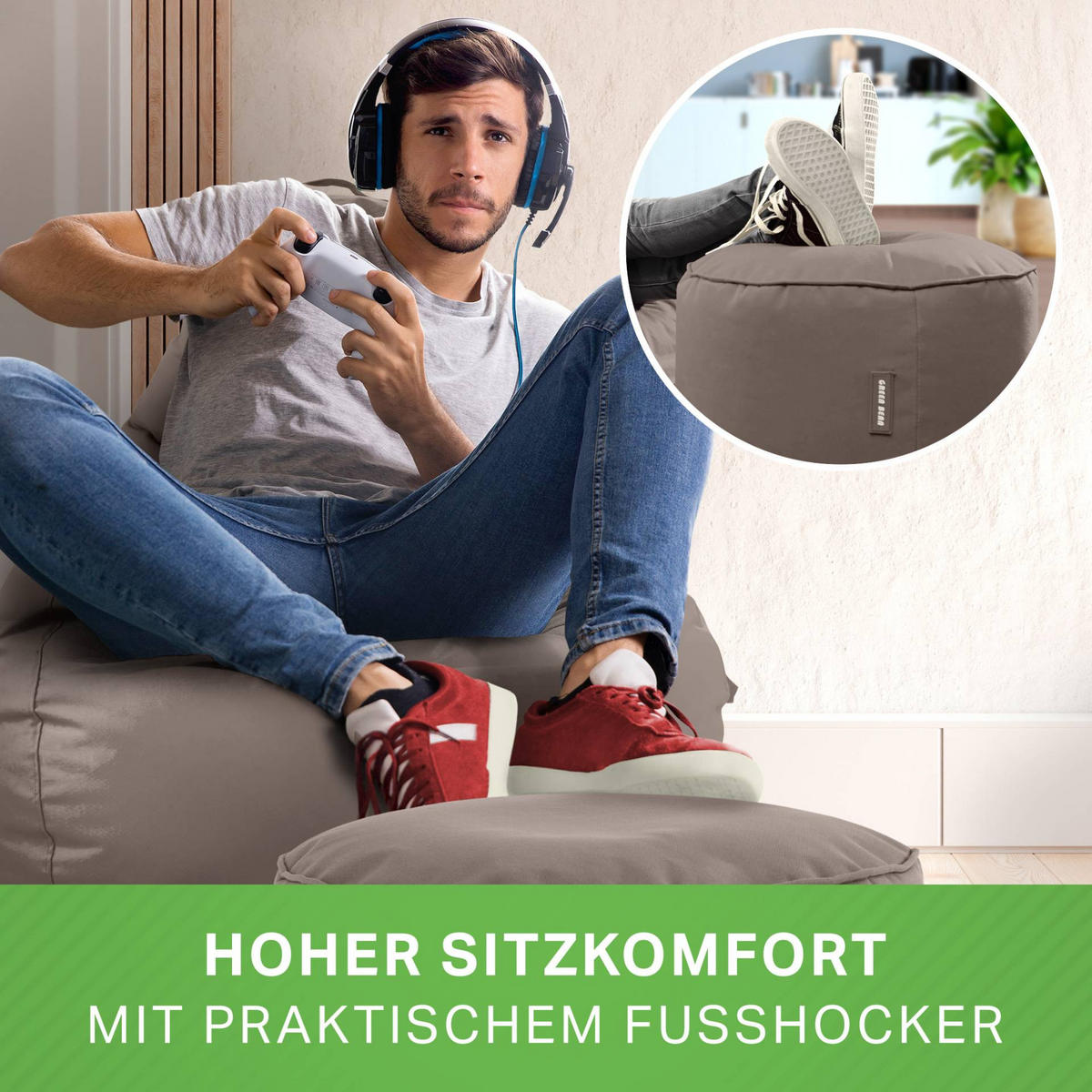 SITZSACK + Hocker "Cozy+Stay" 2er Set - Braun, Textil (70/90/80cm) - Green Bean