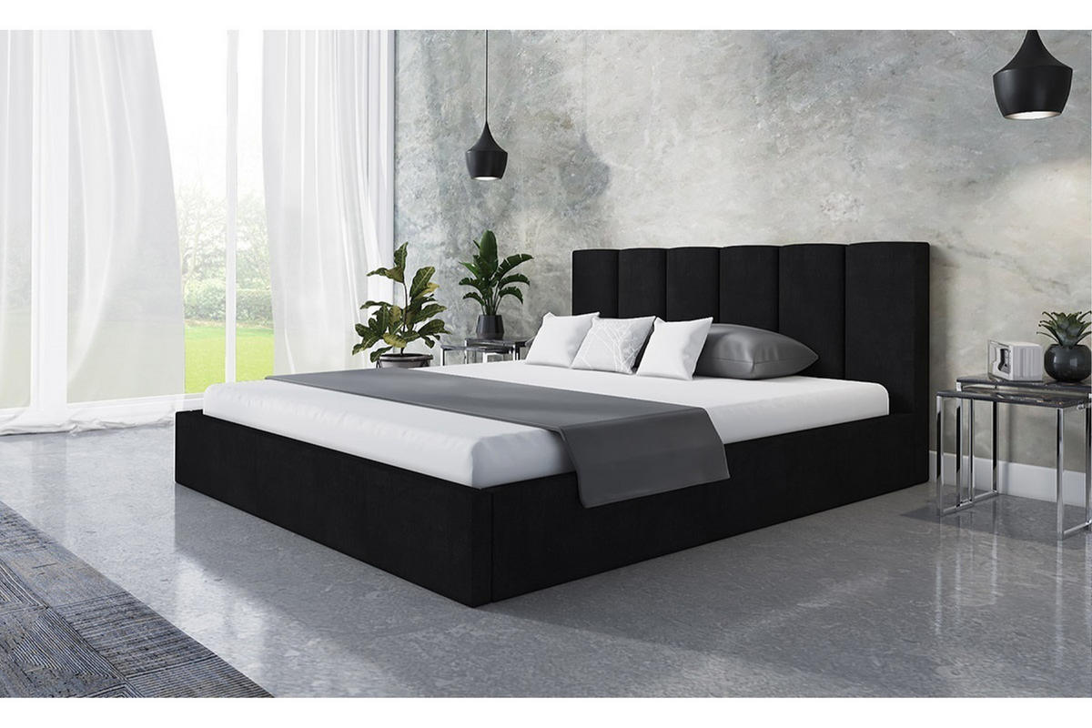 POLSTERBETT TOKIO SLIM, 120 x 200 cm mit Bettkasten und Lattenrost aus Holz, Farbe: Schwarz, Velourestoff - Schwarz, Holz/Kunststoff (120/200cm) - Alpi-Möbel