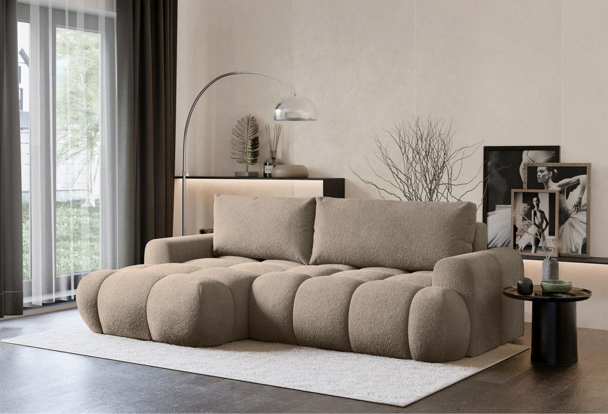 ECKSOFA Ombo Mini, Dunkelbeige Bouclé, linksseitig - Beige/Schwarz, Kunststoff/Textil (256/155cm) - Selsey