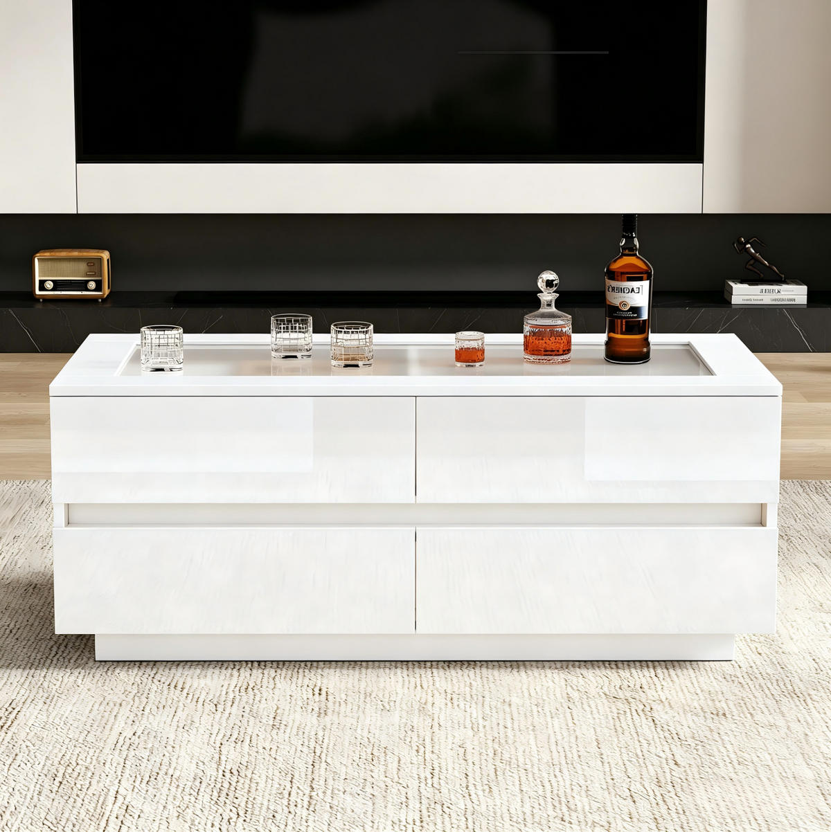 COUCHTISCH aus Spanplatte und Glas 100x50x40 cm Weiß mit 4 Schubladen und LED-Beleuchtung - Weiß, Holzwerkstoff (100/50/40cm) - IVMEU