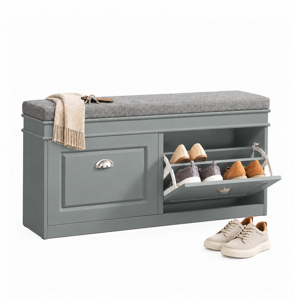 SCHUHBANK, Grau, 104 cm breit, gepolsterte Sitzfläche, 2 Klappen für 8 Paar, bis 150 kg, für Flur & Diele - Hellgrau, Holzwerkstoff (104/52/24cm) - SoBuy