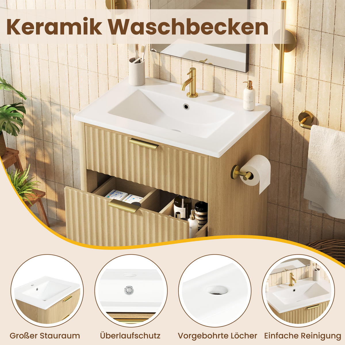 BADEZIMMERSCHRANK Holzoptik Keramik Waschbecken Schubladen 61cm - Naturfarben, Keramik (61/82/47cm) - FLIEKS