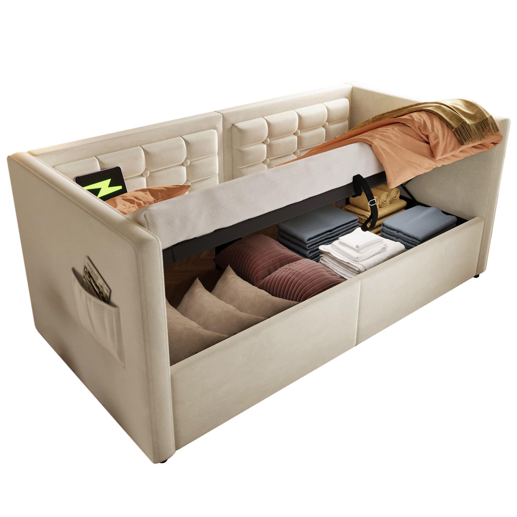 CHICFURN ČALOUNĚNÁ POSTEL 90/200 cm v béžové barvě ze sametu s úložným prostorem, USB a Type-C