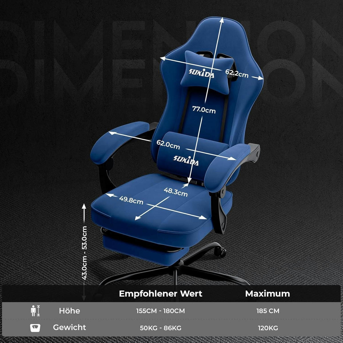 GAMING Stuhl mit Fußstütze Blau Stoff - Blau, Textil (62/130/49cm)