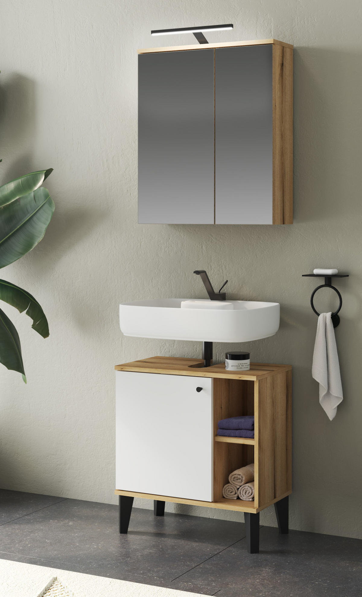 BADMÖBEL-SET 2-teilig weiß, Evoke Eiche, Badkombination 60 cm - Eichefarben/Schwarz, Glas/Holzwerkstoff (60/190/33cm) - Furn.Design