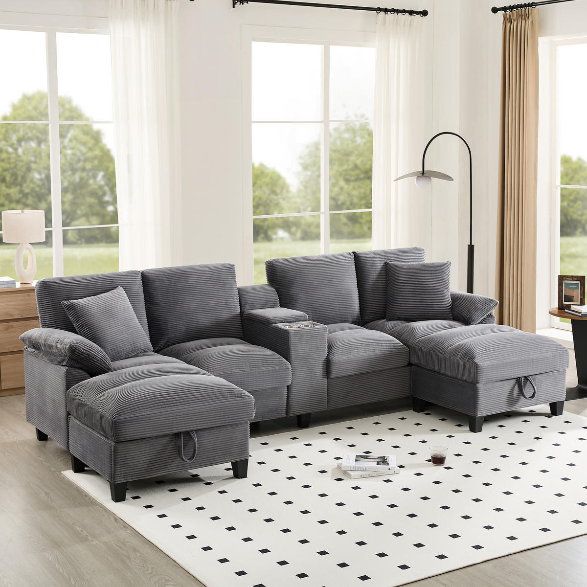 WOHNLANDSCHAFT U-Form Cord mit Stauraum und USB-Anschluss 293/142/93 cm Grau - Grau, Kunststoff/Textil (93/293/142cm) - Redom