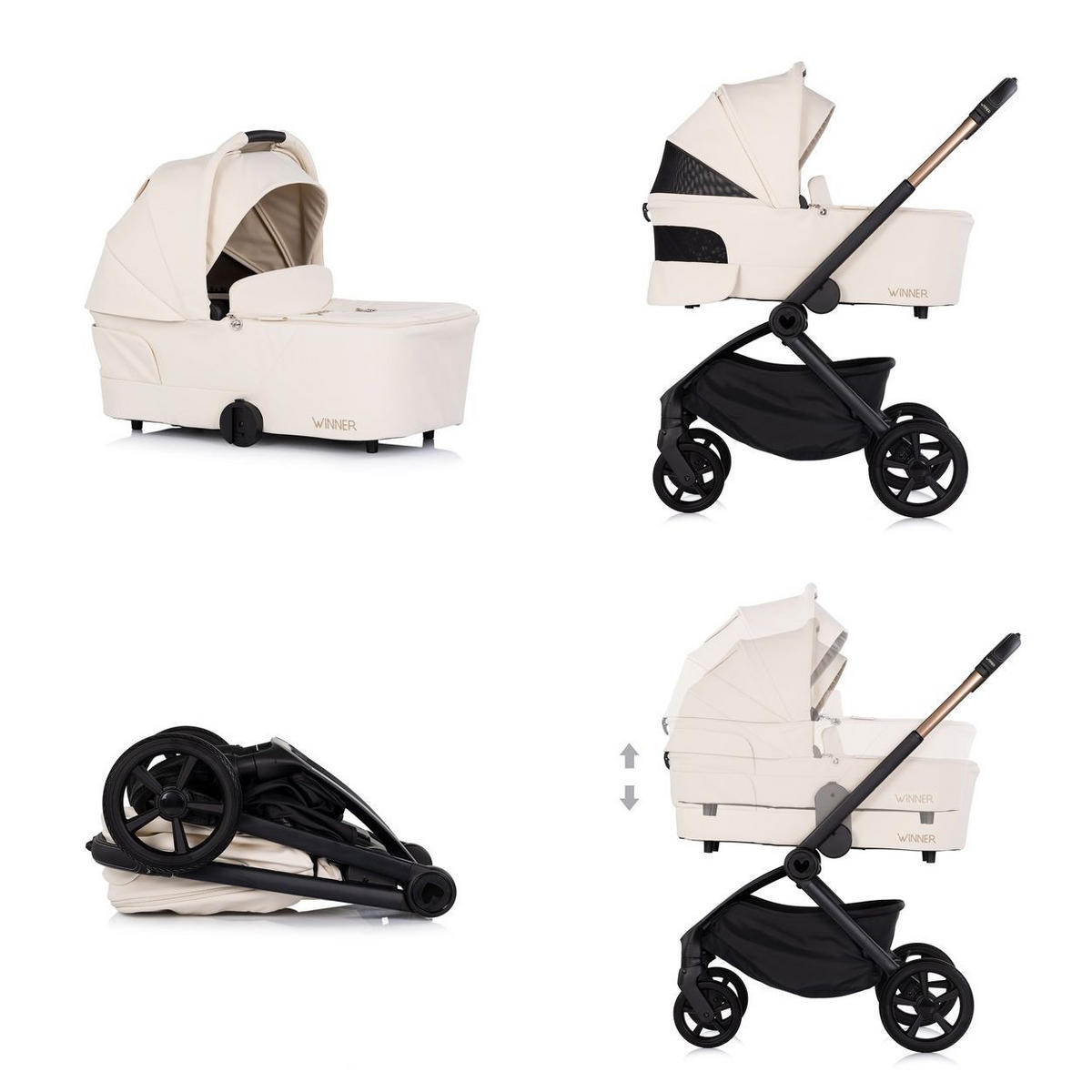 KOMBIKINDERWAGEN Winner 2 in 1 creme Babywanne klappbar Fußabdeckung Korb - Beige, Metall (85/61/95cm) - Chipolino