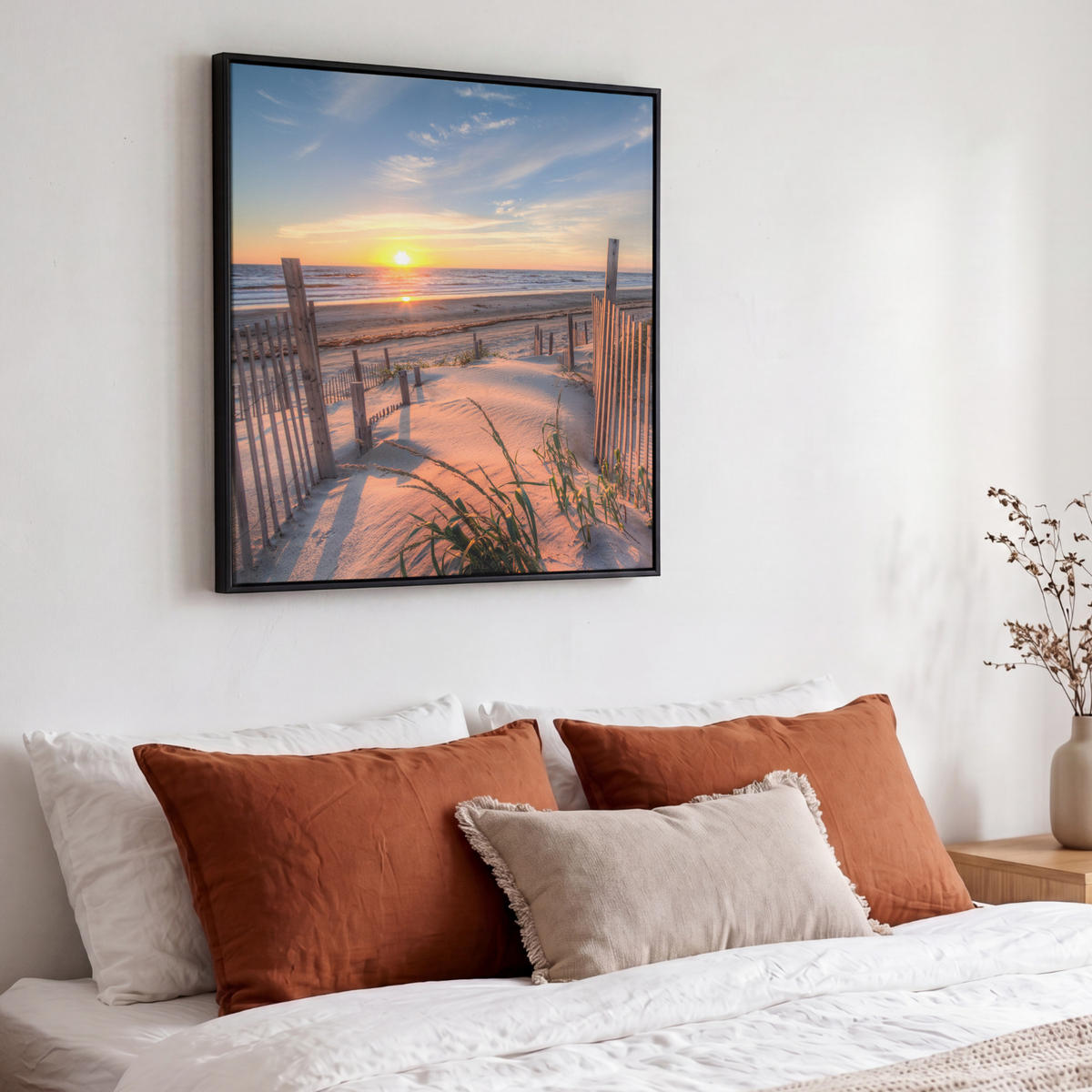 LEINWAND Bilder mit Rahmen - Strand - Meer - Düne - Sonnenuntergang - Landschaft - 50x50 - Beige, Textil (50/50cm) - MuchoWow