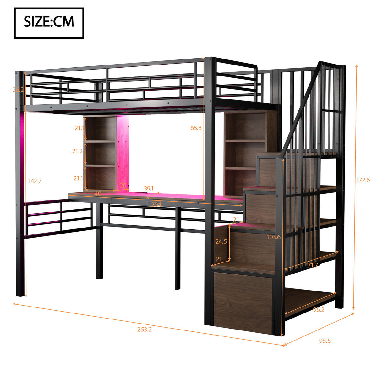 HOCHBETT 90/200 cm mit Schreibtisch, LED-Beleuchtung, Steckdose und Stauraumtreppe, Schwarz - Schwarz, Holzwerkstoff (90/200cm) - Redom