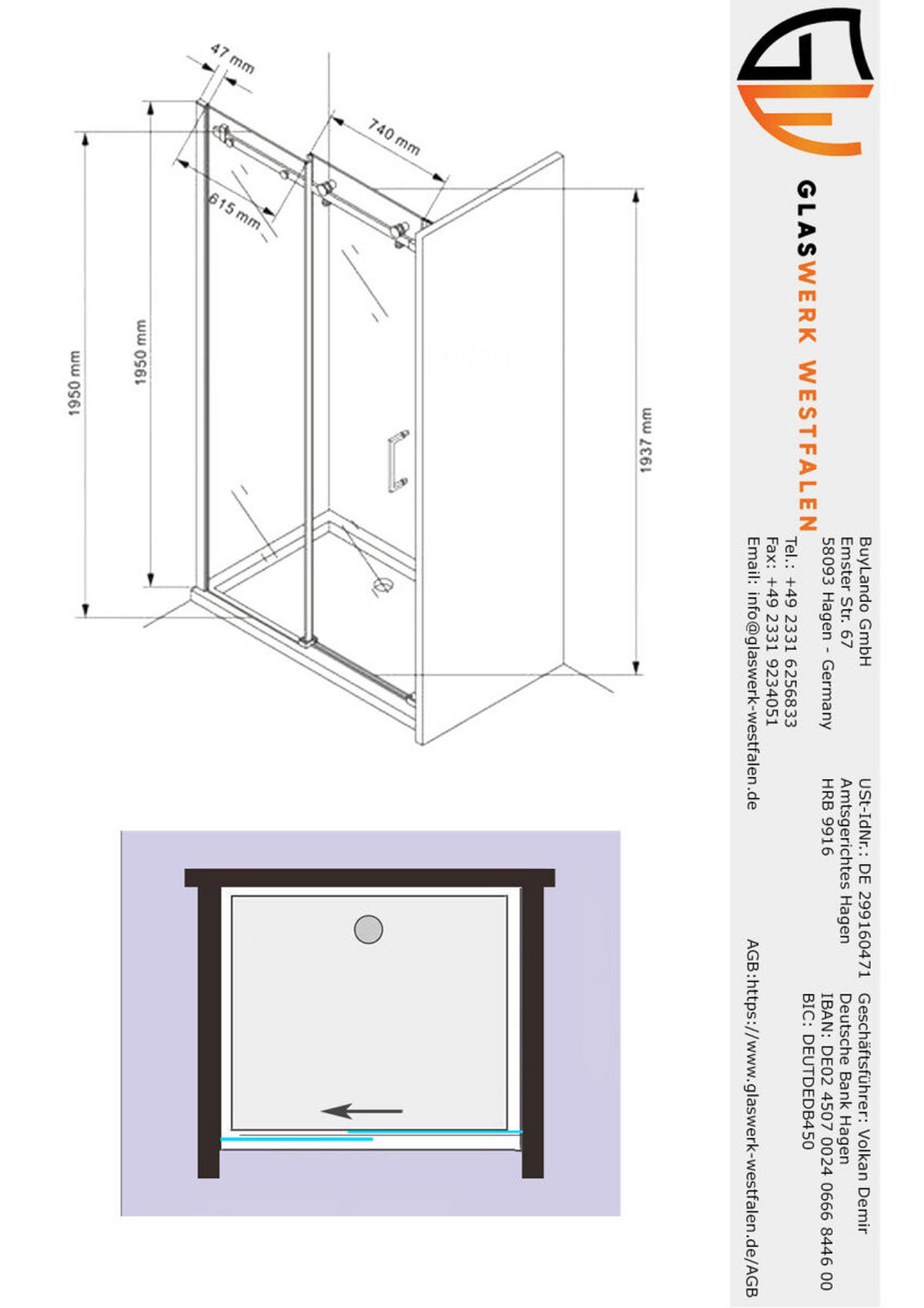 DUSCHKABINE Victoria 140x195 cm Schiebetür Schwarz - Schwarz, Glas (1/140/195cm) -  Glaswerk Westfalen