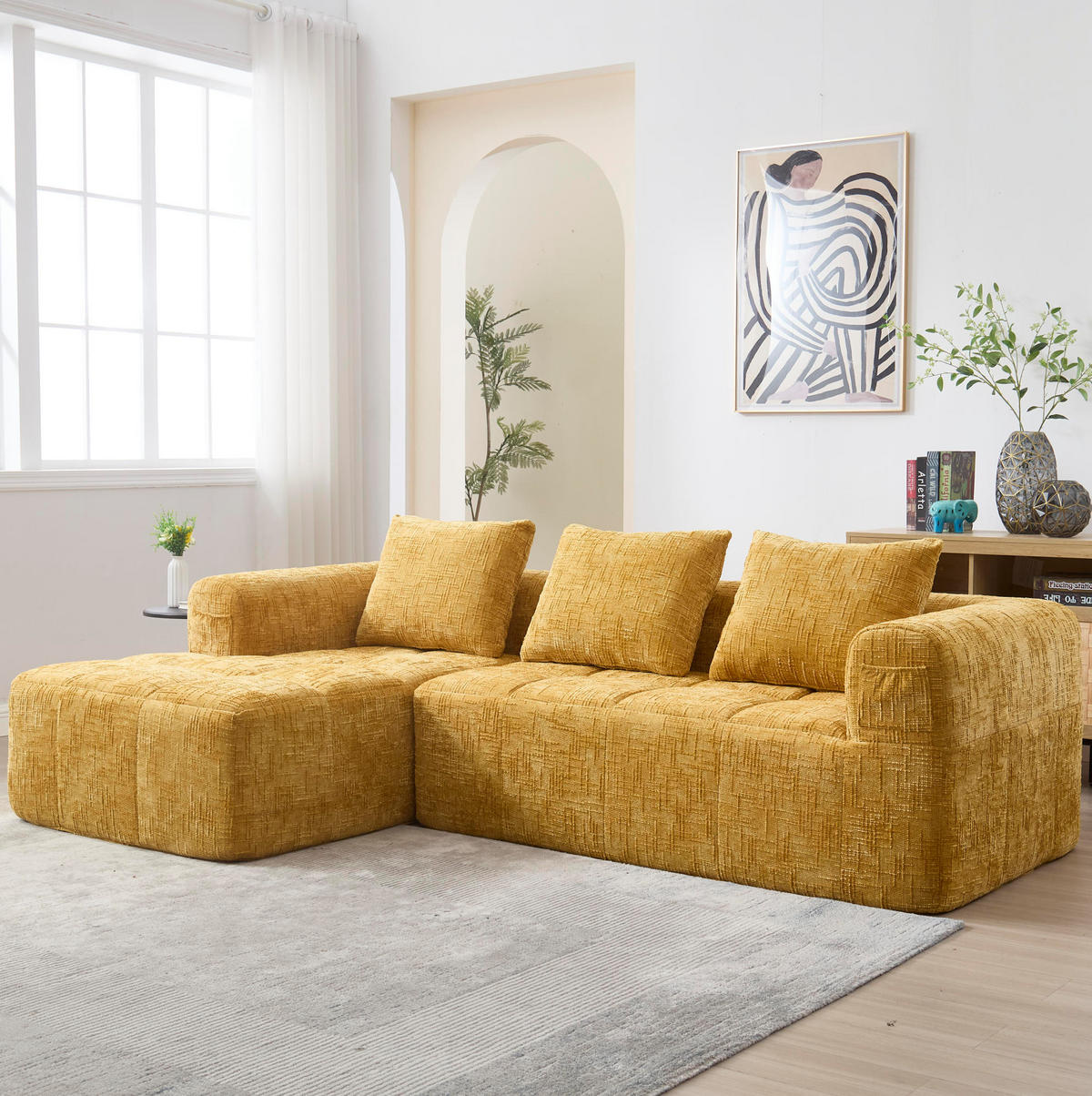 SOFA mit Chaiselongue 250 x 158 cm Chenille Yellow - Gelb, Textil (158/250cm) - Meubliv
