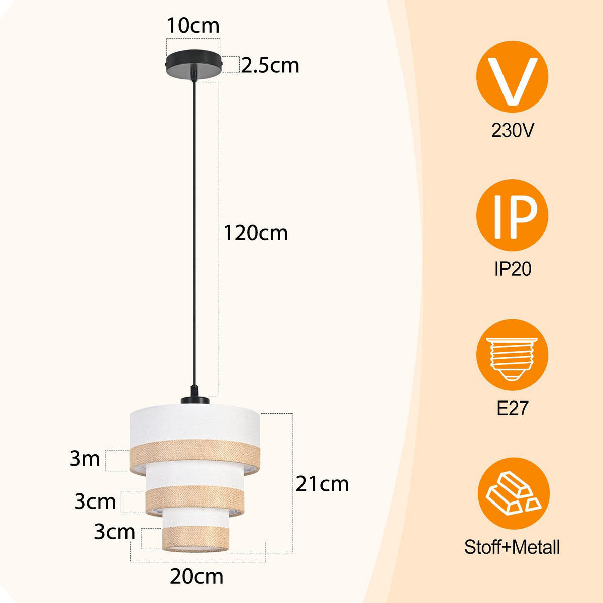PENDELLEUCHTE AUB Ⅲ 10/20/120 cm - Weiß, Metall (10/20/120cm) - Nettlife
