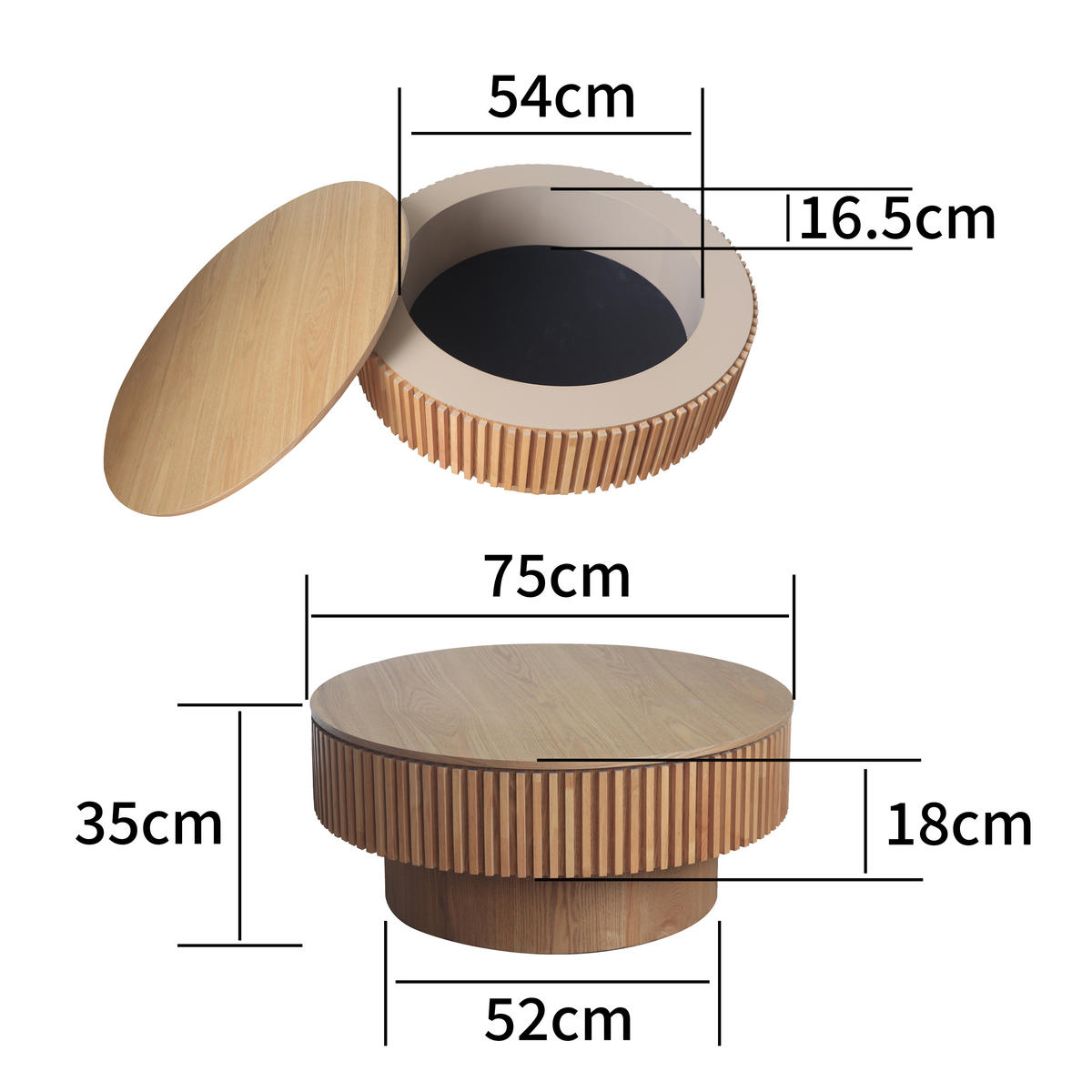 COUCHTISCH DE-37318 rund mit verstecktem Stauraum und Rillendesign Naturholz - Naturfarben, Holzwerkstoff (75/75/35cm) - ComfortXL
