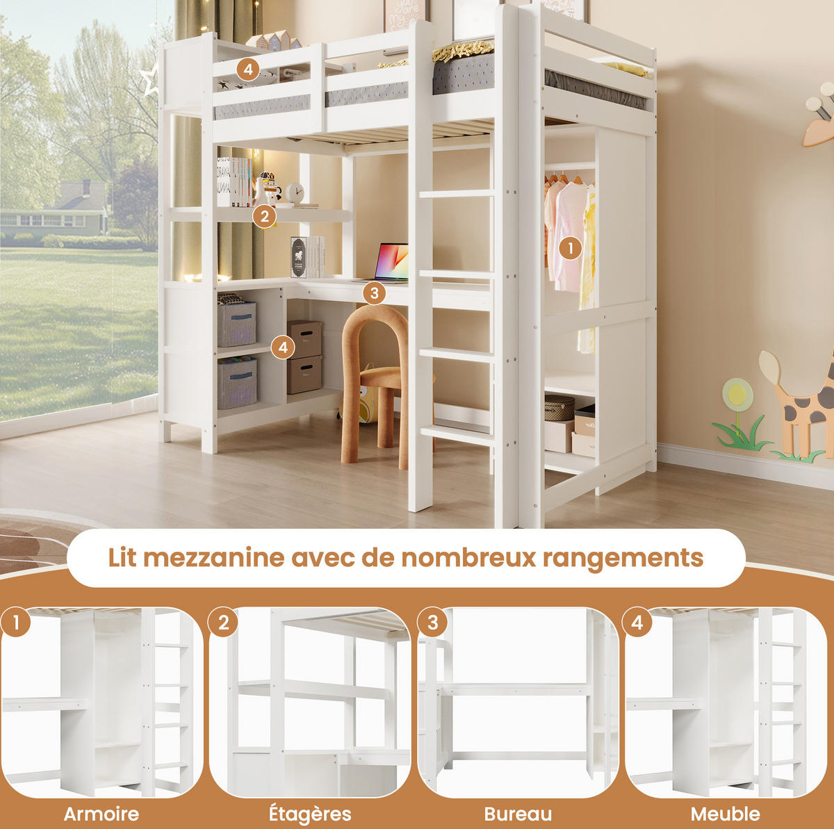 HOCHBETT 90/200 cm Weiß mit Schreibtisch, Regalen und Kleiderschrank - Weiß, Holz (90/200cm) - MIVRAY