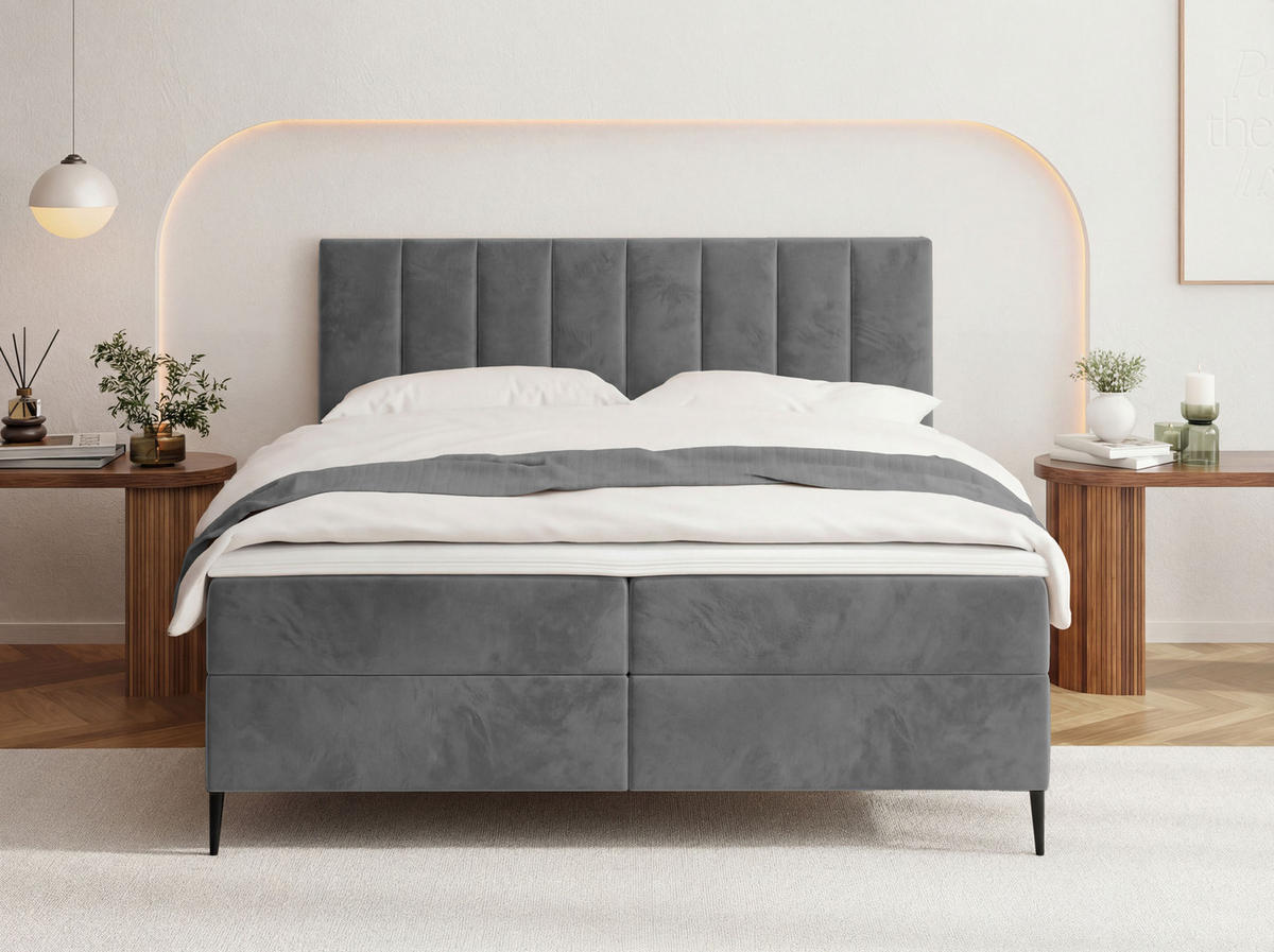 BOXBETT Allen mit Bettkasten, Samt Grau 180x200 cm – inkl. H4 Taschenfederkern Matratze & Foam Topper - Schwarz/Grau, Holzwerkstoff/Metall (180/200cm) - WFL GROUP
